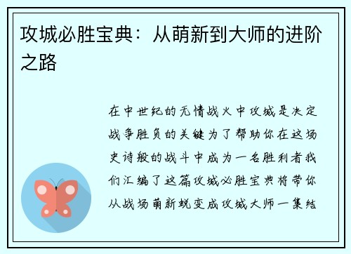 攻城必胜宝典：从萌新到大师的进阶之路